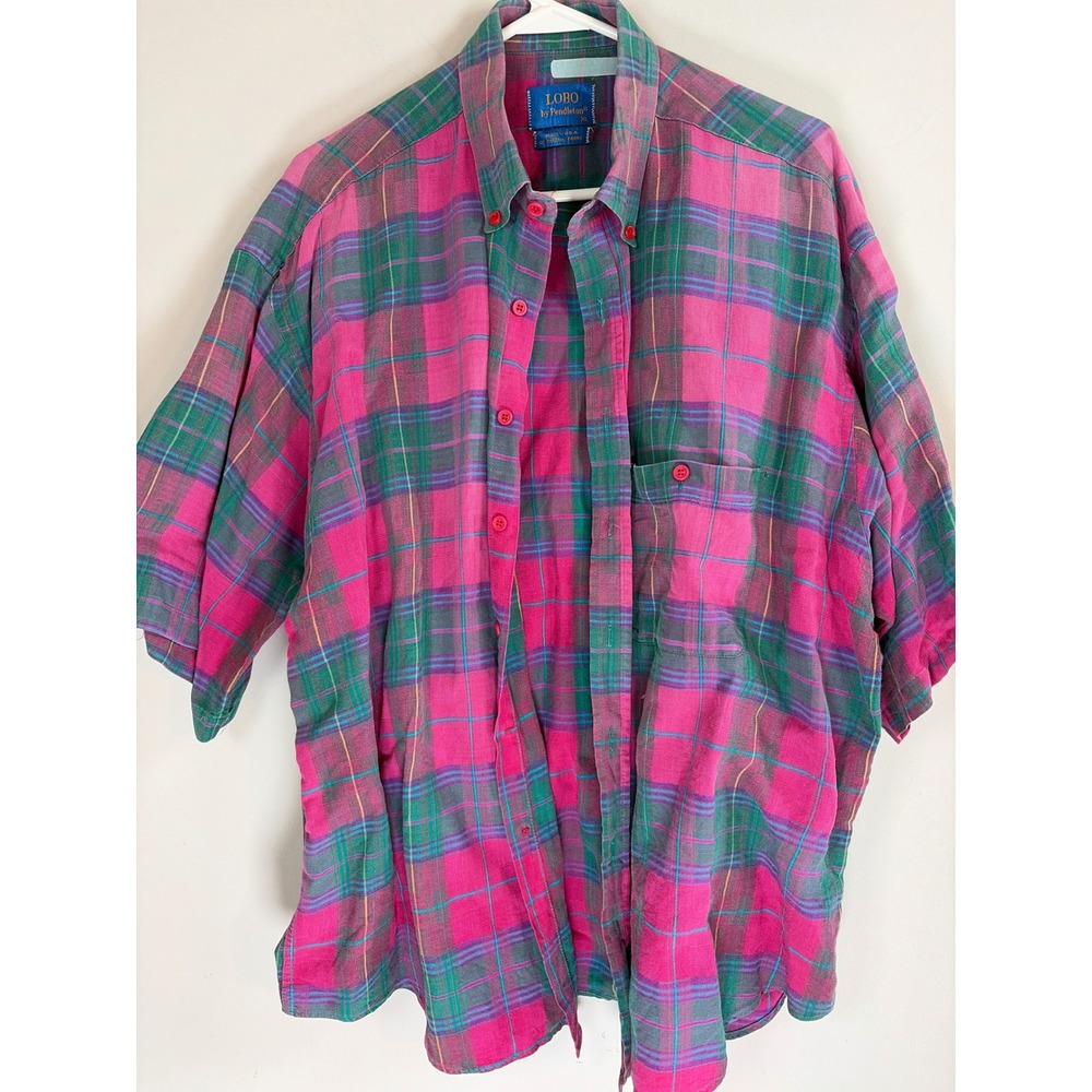 Vintage Lobo by Pendleton Mens XL Pink Green Plaid Short Sleeve Button Down